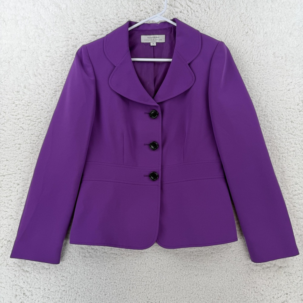Tahari Arthur S Levine Blazer Womens 8 Purple Shawl Collar 3 Button Lined Jacket